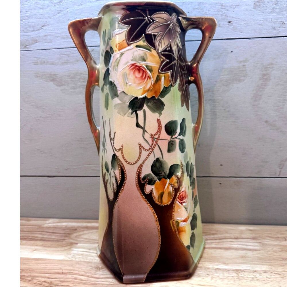Antique Royal Nippon Nishiki Hand Painted 12.5" Double Handle Japanese Vase